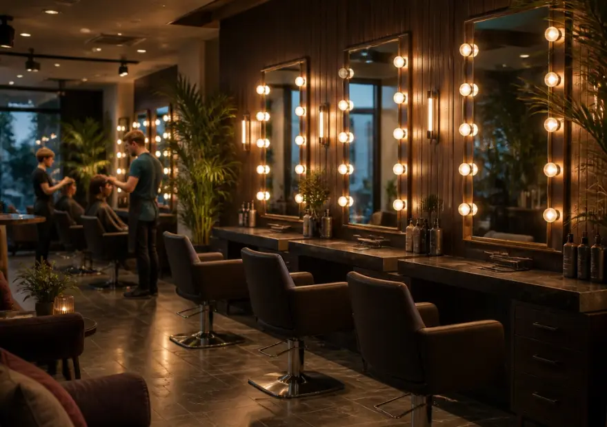 The salon floor at dusk — leather chairs, marble stations, brass-lit mirrors